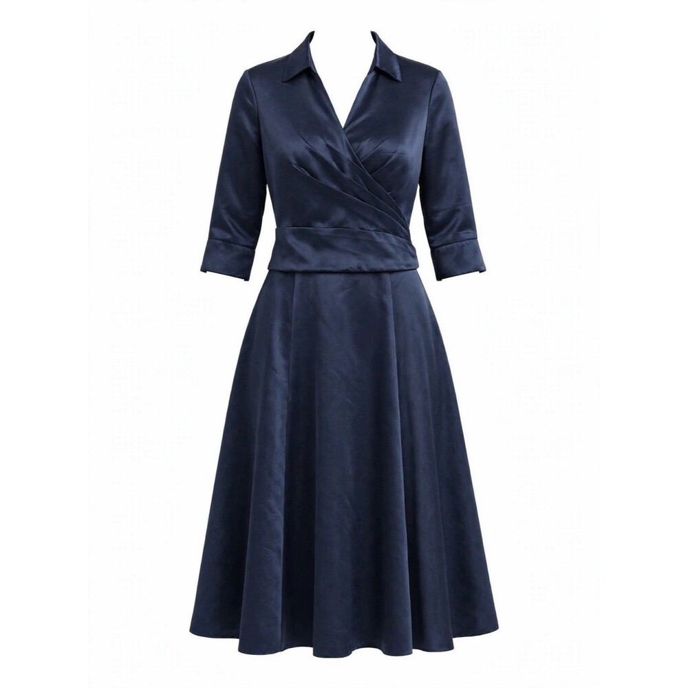 JJ's House Navy Satin Wrap Shirt Dress 2 Pc 2X 3/4 Sleeve A-Line Midi Mother